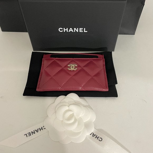CHANEL NWB FULL SET 21A BURGUNDY GOLD TONE CARD CASE WALLET - Picture 1 of 7